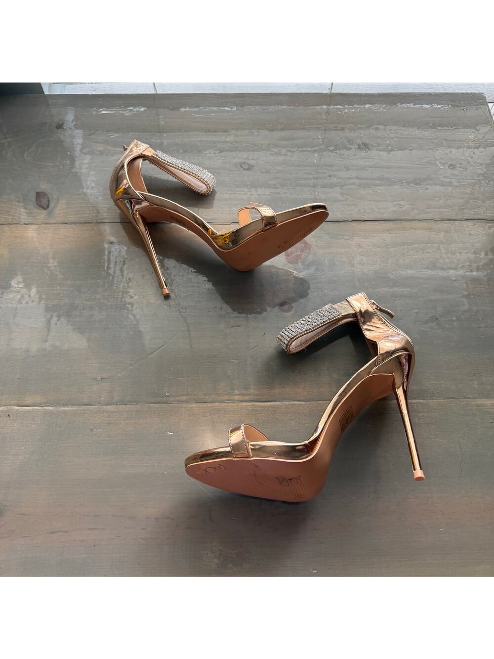 Peace + Love Rose Gold Rhinestone Strappy Heels Sz 8